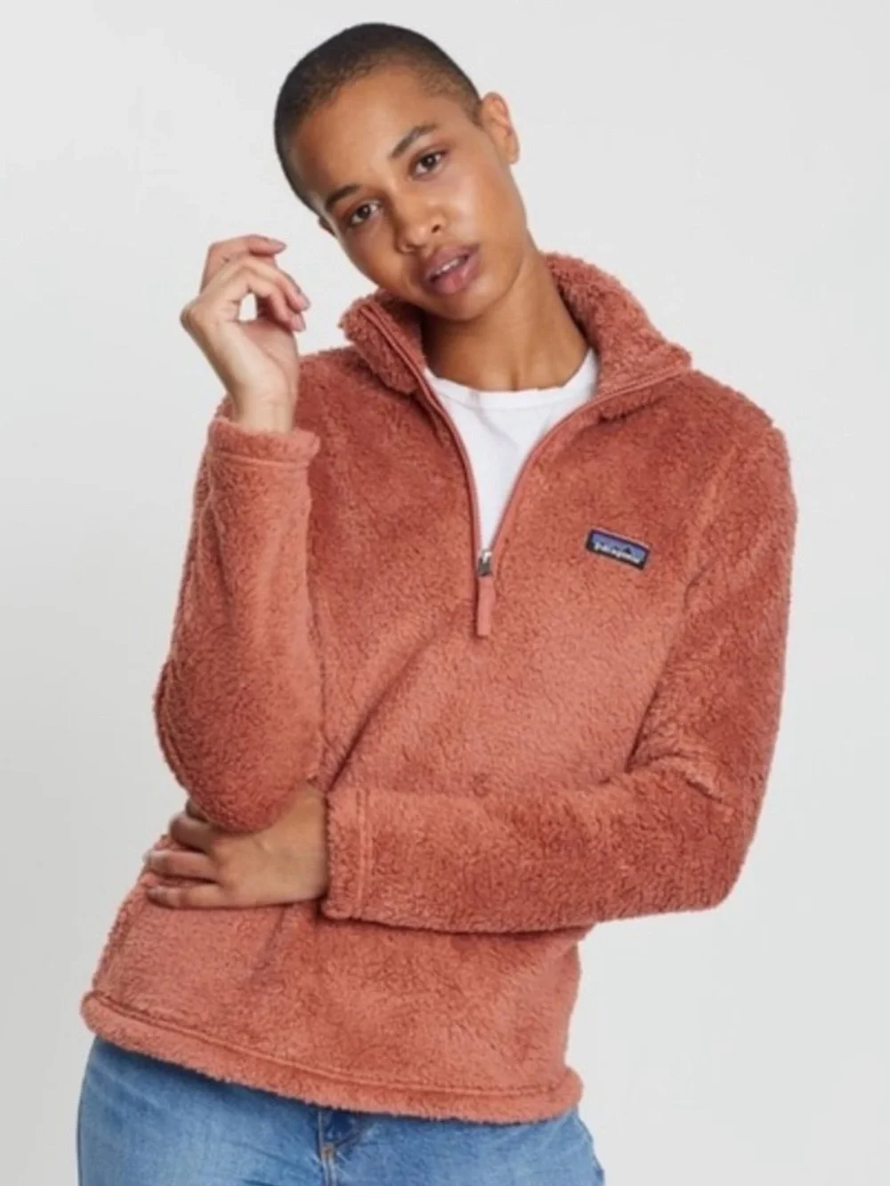 Patagonia Los Gatos 1/4 zip fuzzy Quarter-Zip Fleece Pullover Rust Peach Women L